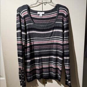 super soft ribbed sweater with grey/black/pink/white stripes